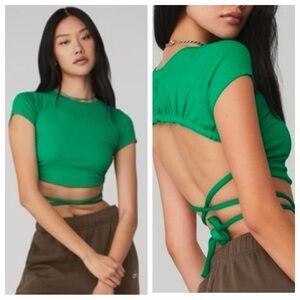 ALO Green Ribbed Manifest Open Back Crop Top Sz Small